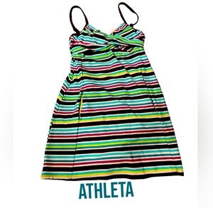 Athleta, 36B/34C tall swim dress - brown, green, and purple stripes